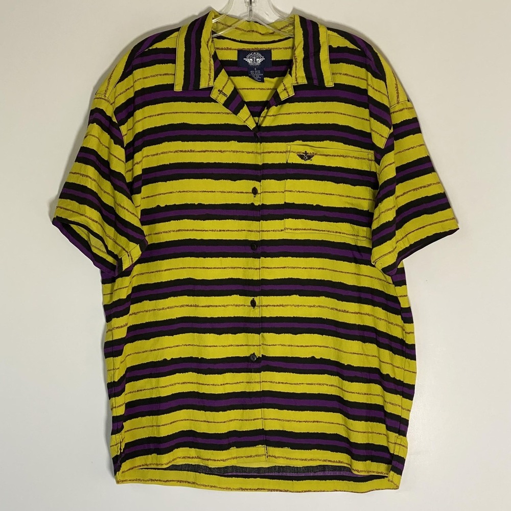 Dockers Shirt Mens Small Yellow Purple Stripe Button Up‎ Short Sleeve Casual